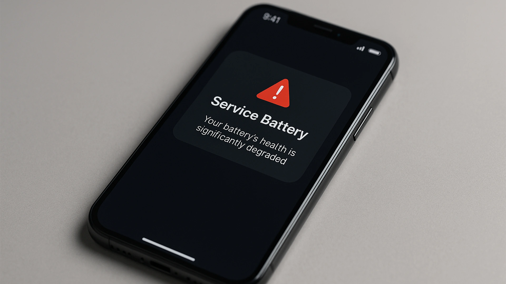 تصویر نمایش اعلان Service Battery روی آیفون، نماد افت عملکرد و سلامت باتری و نیاز به تعمیر یا تعویض آن در فیکس لند Fix.Land