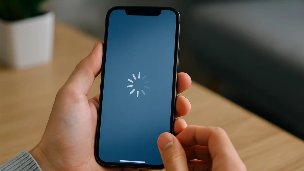 تصویر آیفون در حال لودینگ روی صفحه، نمایش نشانه‌های هنگ کردن یا گیر کردن سیستم عامل iOS و نیاز به عیب‌یابی نرم‌افزاری در فیکس لند Fix.Land
