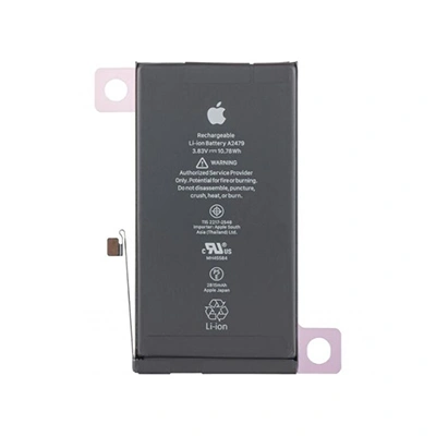 باتری iPhone 12 Pro مجهز به چسب فابریک و کانکتور سالم تصویر جلوی باتری آیفون 12 پرو با نوار چسب نصب و اتصال فلت – مخصوص خدمات تعویض قطعه در شمال تهران