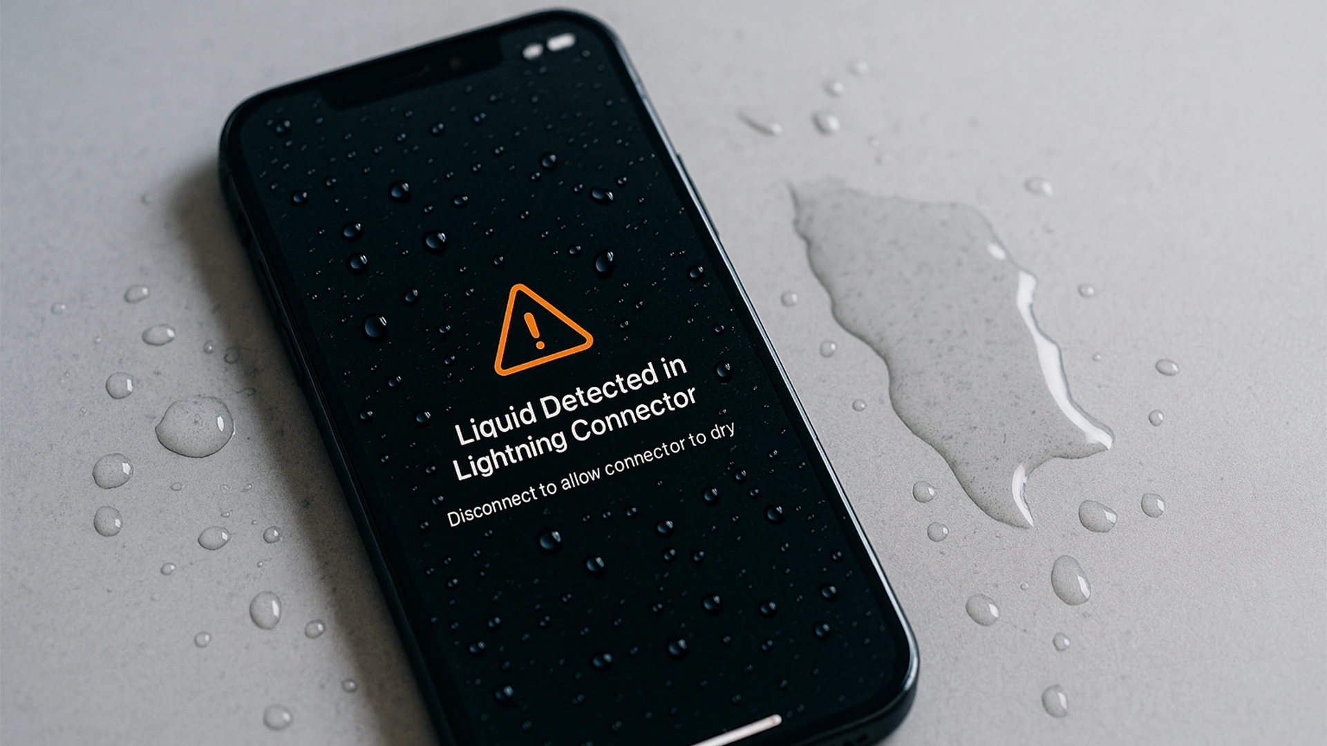 تصویر آیفون خیس با هشدار Liquid Detected in Lightning Connector، نمایش شناسایی آب در پورت شارژ و خطر آسیبدیدگی در اثر رطوبت در فیکس لند Fix.Land