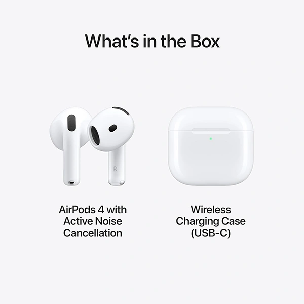 محتویات جعبه ایرپادز ۴ اپل اقلام همراه ایرپادز ۴ شامل ایربادها و کیس شارژ وایرلس USB-C – بررسی قبل از خرید ایرپادز ۴