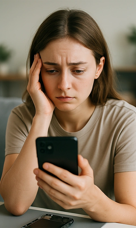 دختر ناراحت از عملکرد نادرست آیفون و نیاز به خدمات تعمیر موبایل در فیکس لند