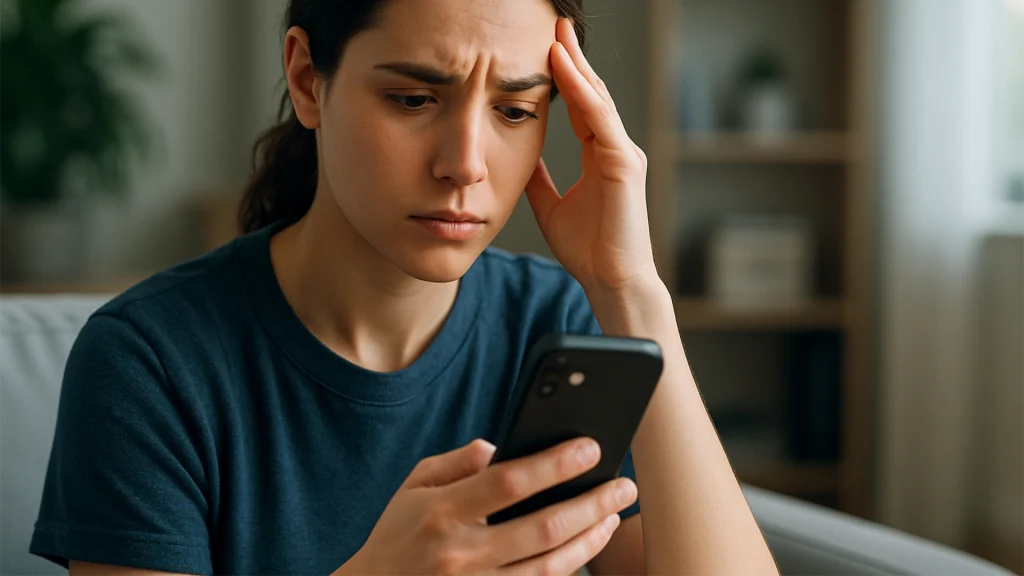 زن نگران از مشکل در گوشی آیفون و جستجو برای تعمیرات تخصصی آیفون در فیکس لند