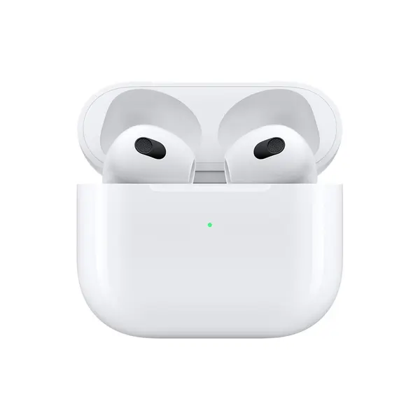 کیس شارژ ایرپادز ۳ اپل با ایربادها در حالت بسته کیس شارژ ایرپادز Apple AirPods 3 با درب باز و ایربادها در حالت آماده