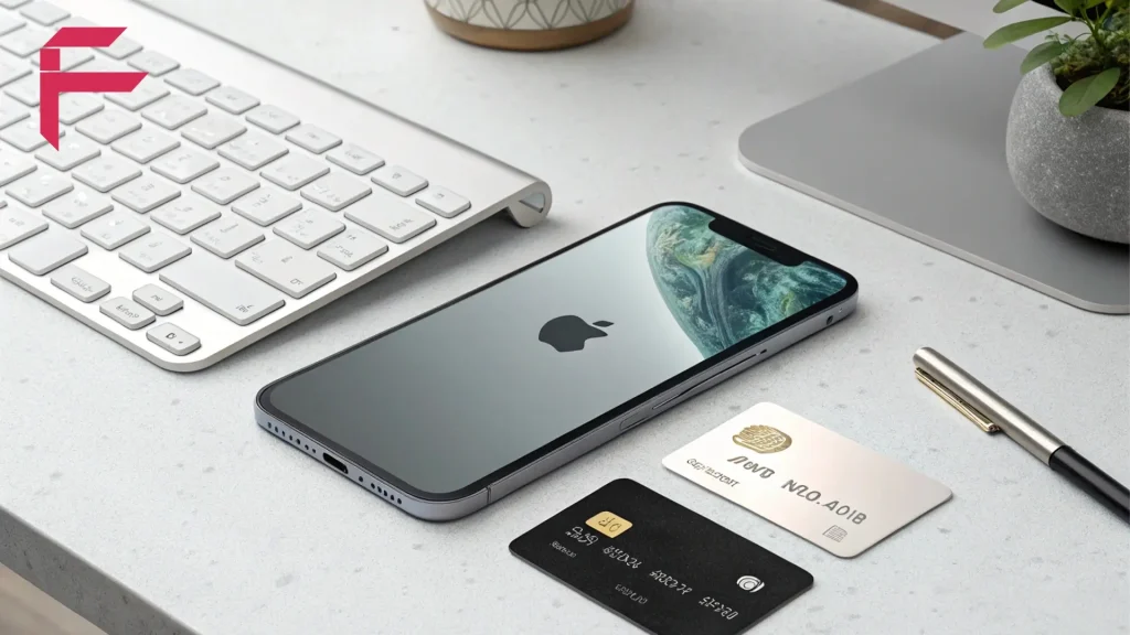 آیفون اپل مشکی روی میز کاری کنار کارت بانکی – راهنمای خرید و بررسی اصالت آیفون در نیاوران و فرمانیه تهران