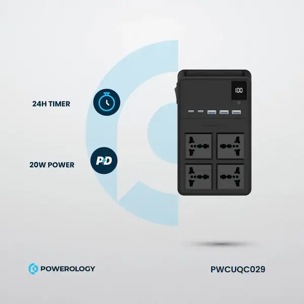 تایمر ۲۴ ساعته و توان ۲۰ وات PD در چندراهی برق Powerology مدل PWCUQC029 مشخصات تایمر و توان PD در پاور استریپ PWCUQC029 برند پاورولوژی