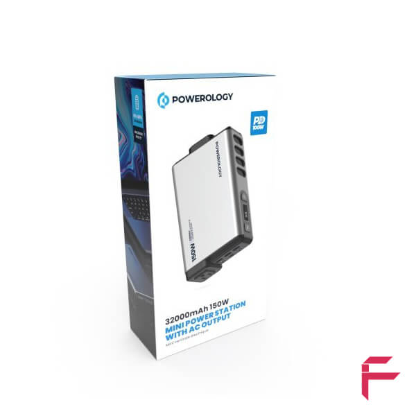 جعبه محصول پاور استیشن 150 وات پاورولوژی مدل PPBCHA31 بستهبندی اورجینال Powerology Mini Power Station با ظرفیت 32000mAh و توان خروجی 150 وات