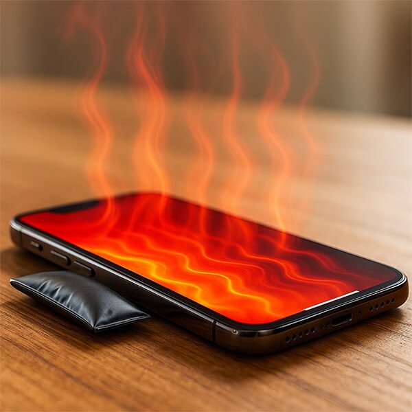 آیفون داغ روی میز با نمایشگر قرمز و بخار حرارت – نشانه خرابی باتری