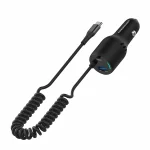 نمای نزدیک از شارژر فندکی پاورولوژی با کابل فنری USB-C و دو خروجی سریع PD و QC