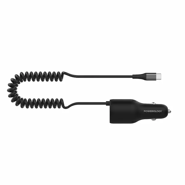 شارژر فندکی پاورولوژی 100W مدل QC18W با طراحی مشکی و کابل فنری نمای جانبی شارژر فندکی Powerology با خروجی Type-C و کابل متصل به رنگ مشکی
