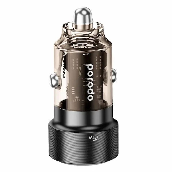 طراحی ۳۶۰ درجه شارژر فندکی شفاف Porodo 75W بدنه شفاف و با کیفیت شارژر فندکی پورودو مدل ۷۵ وات مناسب خودرو