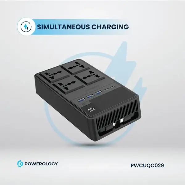 قابلیت شارژ همزمان چند دستگاه با استفاده از چندراهی برق Powerology PWCUQC029 پورتهای متنوع و خروجی همزمان در چندراهی برق هوشمند پاورولوژی