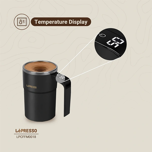 ماگ همزن خودکار لپرسو با نمایشگر دیجیتال دما روی دسته نمایشگر دیجیتال دما روی دسته ماگ LePresso Stirmagic Auto Stirring Mug