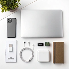تصویر آیفون، لپتاپ، دفتر یادداشت، کابل، هدفون و فلش مموری در کنار گیاه تزئینی روی میز