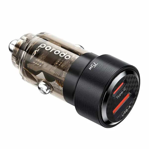 نمای جانبی شارژر فندکی Porodo 75W با دو پورت خروجی شارژر فندکی پورودو با دو پورت Type-C و USB-A در طراحی مات و شفاف