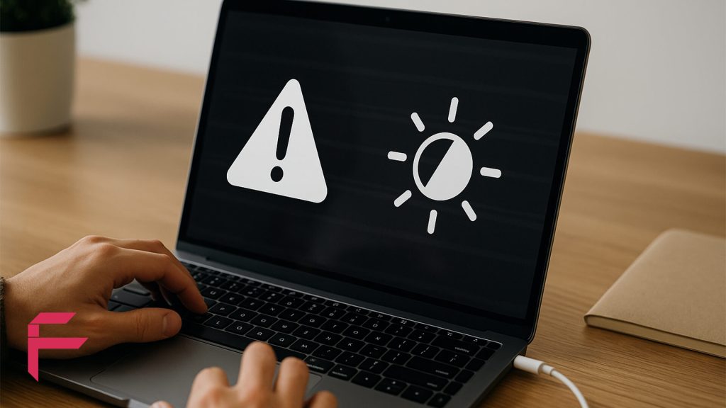 صفحه نمایش مک‌بوک با علامت هشدار خرابی LCD و مشکل روشنایی نیازمند تعویض در نیاوران