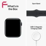 محتویات داخل جعبه اپل واچ SE 2022 شامل بدنه ساعت، بند اسپرت مشکی و کابل شارژر مغناطیسی USB-C