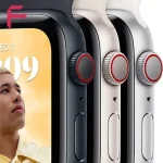 نمای نزدیک Digital Crown قرمز و بدنه آلومینیومی اپل واچ SE 2022 در رنگ‌های مختلف