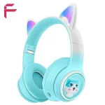 هدفون بلوتوثی AKZ-60 رنگ آبی فیروزه‌ای با نور RGB روی گوش‌ها، تاشو و شارژی مناسب کودک