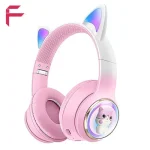 هدفون بلوتوثی AKZ-60 تاشو رنگ صورتی با گوش‌های گربه‌ای LED، سبک و مناسب کودکان با صدای HiFi