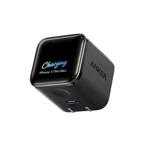 نمای اصلی شارژر دیواری Anker A121D 45W مشکی با نمایشگر هوشمند، فناوری GaN و شارژ سریع USB-C PD